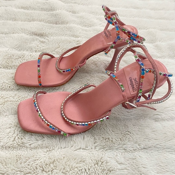 Jeffrey Campbell Pink Satin Rhinestone Heels Elegant Strappy Design Size 8.5 - Picture 9 of 16